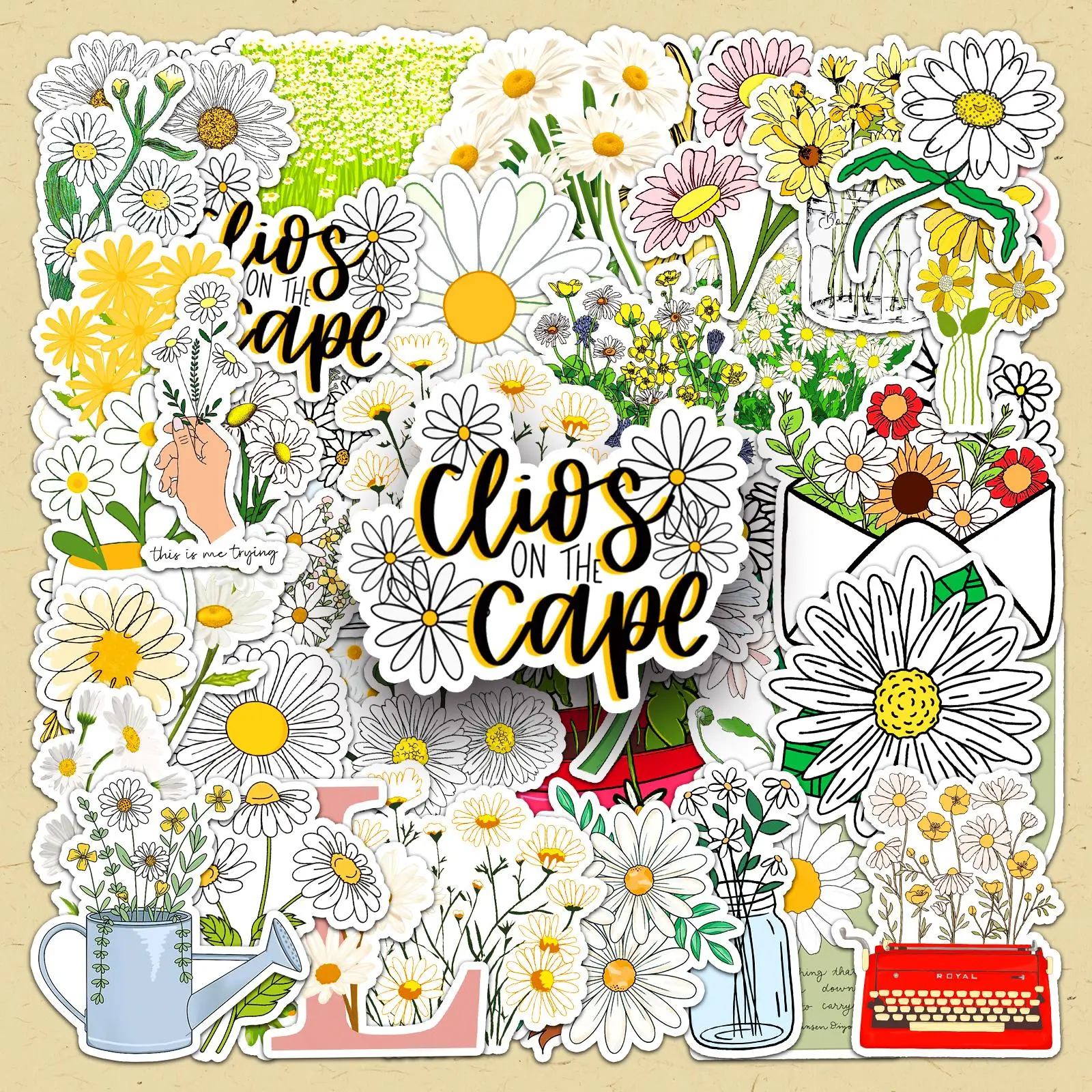 Daisy Flower Pattern Sticker, 100pcs/set Self Adhesive Decorative Stickers, DIY Decals for Water Bottle, Laptop, Phone Case, Scrapbooking, Journal Making