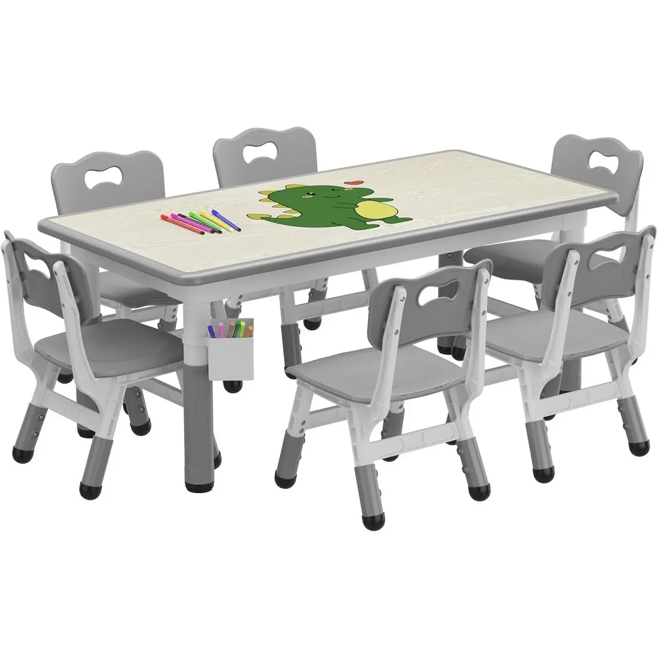 【Christmas Gift】Ergonomic Toddler Table and 6-Chair Set - Interior Dining Particle Board Furniture, Height-Adjustable, 10.6"-12.2" Chairs, Storage Box, Graffiti Desktop, Non-Slip Legs, Kids Activity Set for Home (Ages 2-10), Table Chairs