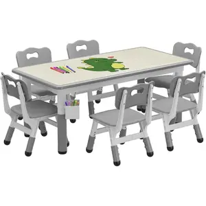 【Christmas Gift】Table and 6 Chairs Set with Storage Box, Height Adjustable Toddler Table and Chair Set for Ages 2-10, Graffiti Desktop, Non-Slip Legs, Children Activity Table for Daycare Classroom Home Drawer Nursery Baby Furniture