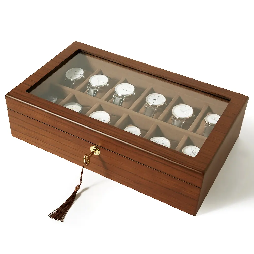 12 Slot Wooden Watch Box Display Case with Glass Top, Lockable Watch Organizer, Brown Velvet Lining, Soft Watch Pillows for Men & Women