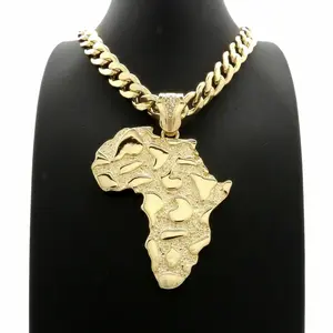 Large Golden Nugget Africa Map Pendant & 10mm 16" 18" 20" 24" 30" Cuban Chain Gold Plated Hip Hop Necklace Jewelry