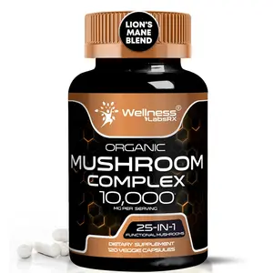 WELLNESS LABSRX Mushroom Supplement Capsules 10:1 Extract, Mushroom Complex Capsules 1000mg, Lions Mane Supplement with Turkey Tail, Cordyceps, Reishi - 120 Count Fitness Edible Dietary Natural