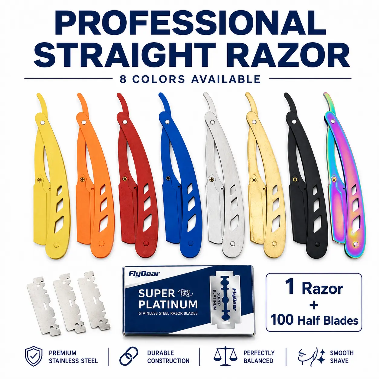 Men's Professional Stainless Steel Straight Razor - Barber Shaver Set with 100 Replaceable Double-Edged Razors, Reusable Daily Grooming Tool, Easy Blade Replacement for Smooth Head & Body Shaves, Mens Gifts, All Metal Shaver, Smooth Shave, Stainless Steel