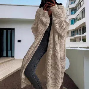 Women’s solid drop-shoulder long cardigan tops; casual chic pocket long-sleeve sweater cardigan; women’s cardigan; ladies knitwear for fall daily wear; comfortable knitted womenswear; women’s clothing; crochet clothes; gamis basic; fawn brown; minimalist