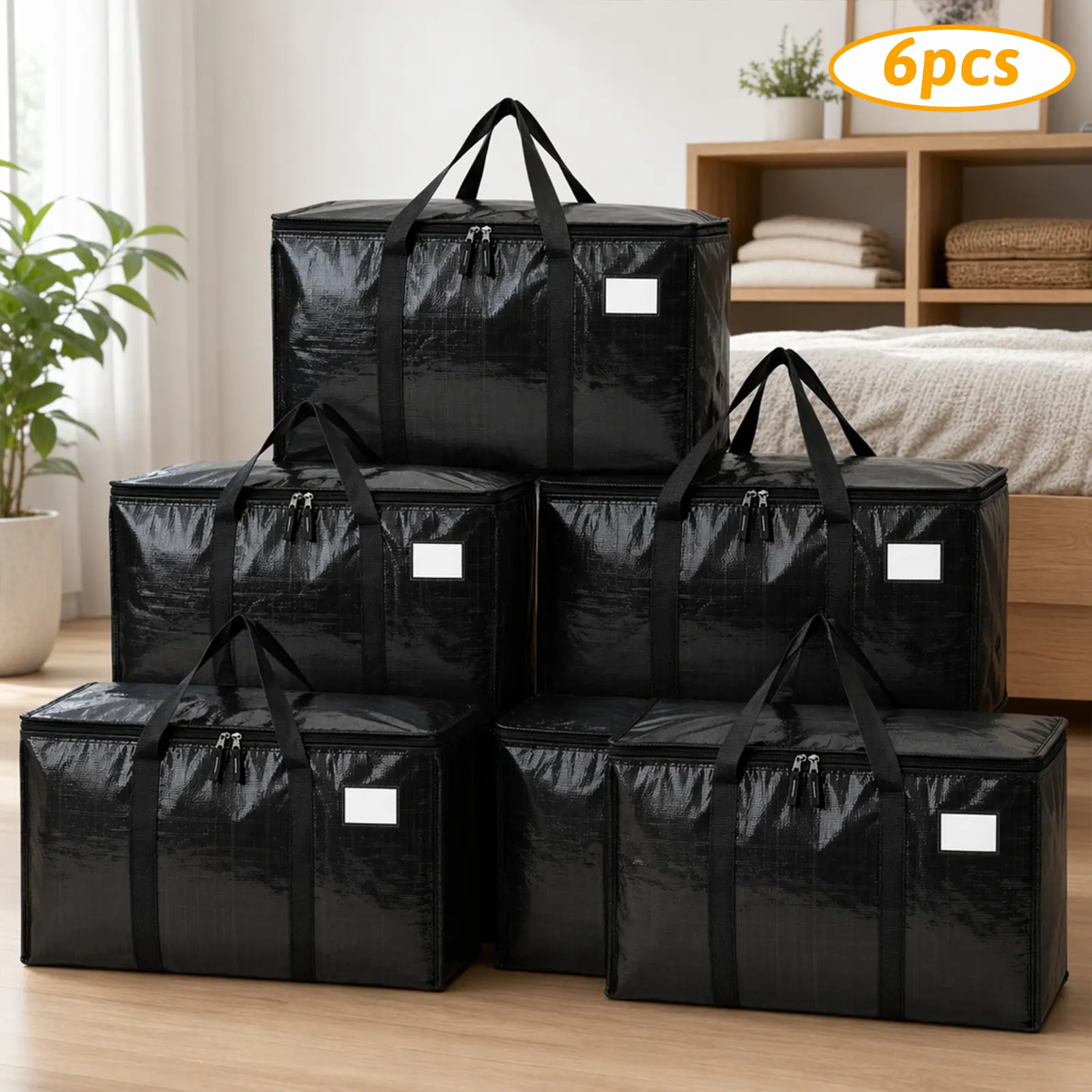 Extra-Large Heavy-Duty Waterproof Storage Bag Set, 6-Pack Foldable Totes with Handles & Zippers for Home Organization, College Dorm (Black)