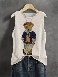 Elegant Women's Cartoon Bear Print Camisole Vest, Round Neck Sleeveless Knitted Top, Breathable Casual Womenswear, Perfect for Spring Summer Fall