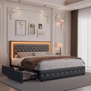 GEGOFORU Queen LED Storage Platform Bed with 4 Drawers, Adjustable Upholstered Headboard, Smart RGB Lights, Noise-Free, No Box Spring Needed, Easy Assembly, Grayring Needed, Easy Assembly, Gray