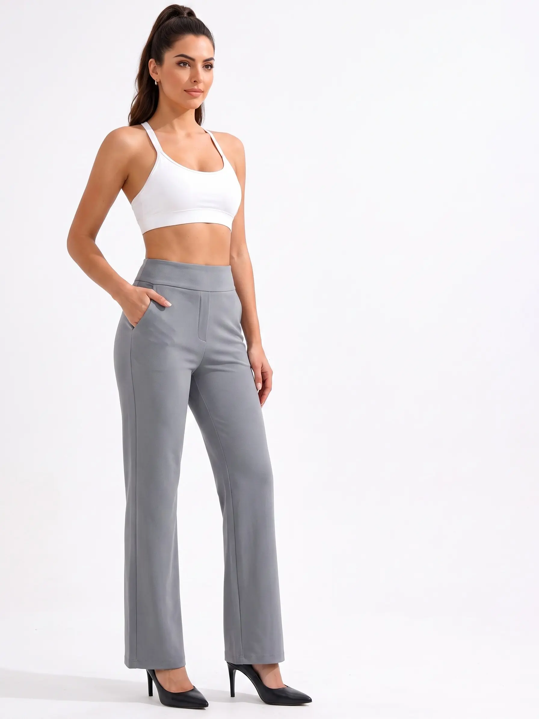 CQQNBV Women's High-Waisted Tummy-Tucking Wide-Leg Yoga Pants - Elasticized Casual Lounge Pants with Pockets, Comfy for Work, Comfy Pants