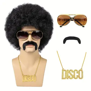 Disco 70s Costume 5pcs Set for Men, Punk Style Black Curly Wig, Heat Resistant Fiber, Coily Hair, with Glasses, Necklace, Mustache, and Hat for Christmas Role Play Party Menswear Clothes Beige Plain Tropical