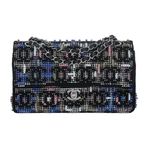 Pre-owned CHANEL Tweed Crossbody Bags Crystal Classic Double Flap Medium Multicolor Black
