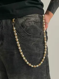 Men's Hip Hop Fashion Jeans Belt Chain, Pearl Wrap Waistchain Accessory, Cross-Border Men's Belts, Unique Style Jewelry, Punk Fashion Belt