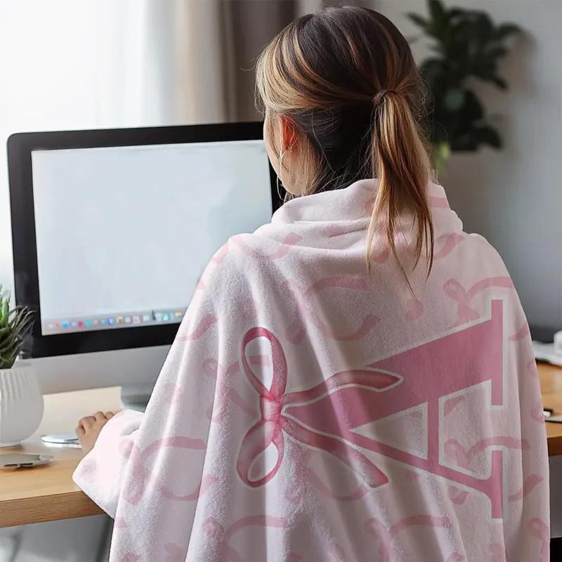 Personalized Pink Ribbon Initial Flannel Blanket — ultra-soft baby keepsake with custom name; first-year memory blanket ideal nursery decor and heirloom gift for newborns