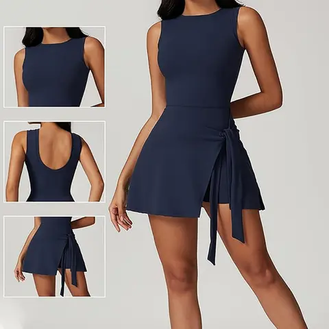 Women's 2-Piece Sleeveless Athletic Workout Dress - Solid, Anti-Light Tight, Slimming Straps, Lace-Up Design, Tennis Sports Dress, Machine Washable, Multiple Colors