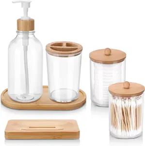 Bamboo Bathroom Accessories Set of 6, Toothbrush Holder Soap Dispenser Dish Tray and 2 Plastic Medicine Jars with Bamboo Lid Accessory Cotton