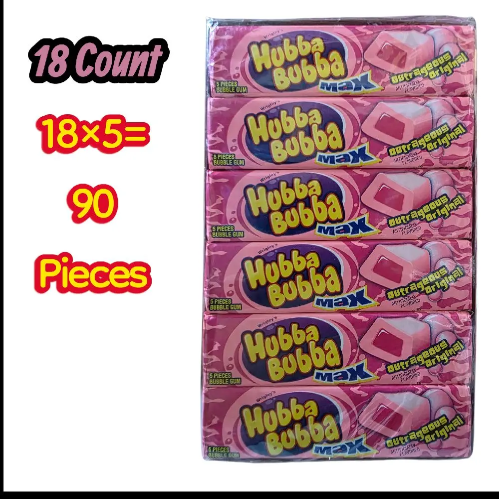 Hubba Bubba Max Original Bubble Gum - Biggest Bubble Challenge Chewing Gum, 18 Ambient 5-Piece Bags (Total 90 Pieces), Vegetarian Snack for Friends, Game Night, Hubba Bubba Max Bubble Gum
