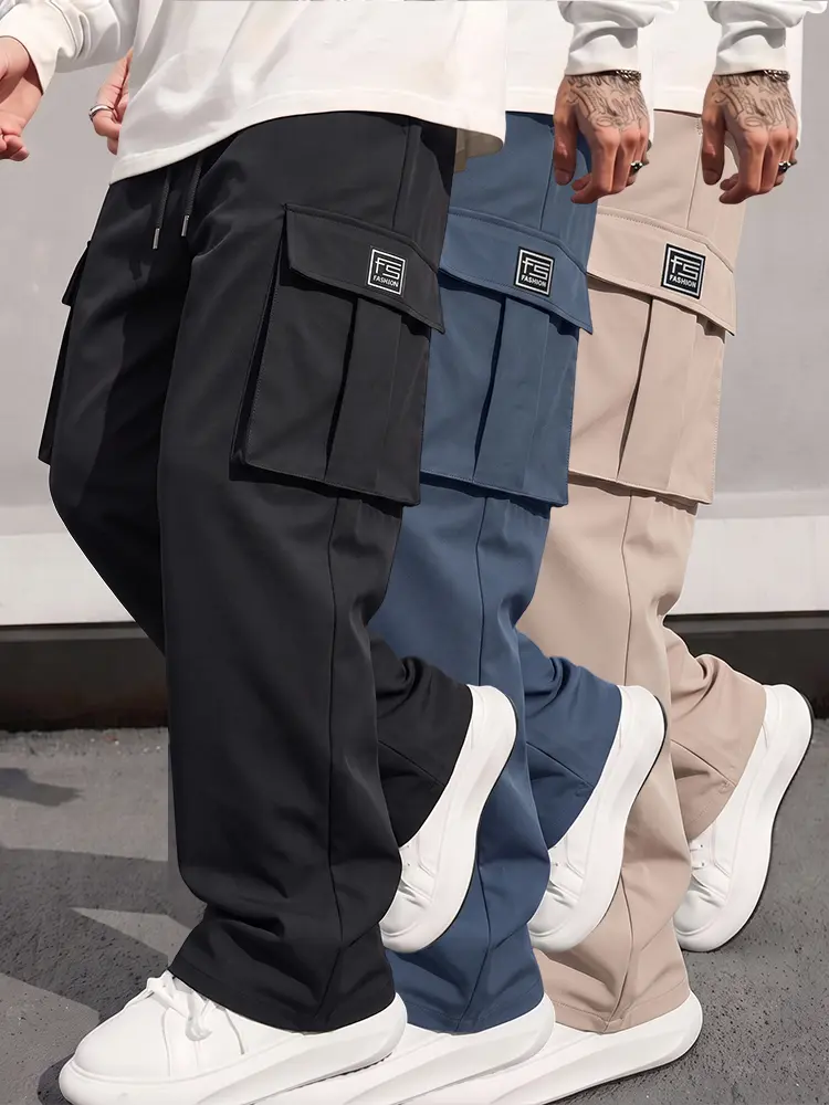 Men's Hip Hop Baggy Wide Leg Cargo Pants, Drawstring Elastic Waist, Small Square Label Flap Pockets, Loose Streetwear Trousers,  Lightweight Solid Casual Daily Bottoms
