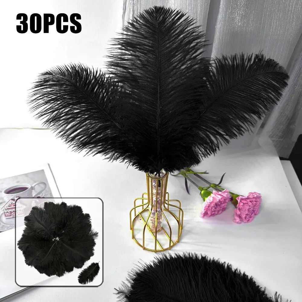 15-20 cm Natural Black Ostrich Feathers Set, Pack of 30 Party Decoration Supplies, DIY Craft Accessories for Wedding, Home Decor, Lightweight Festive Ornaments