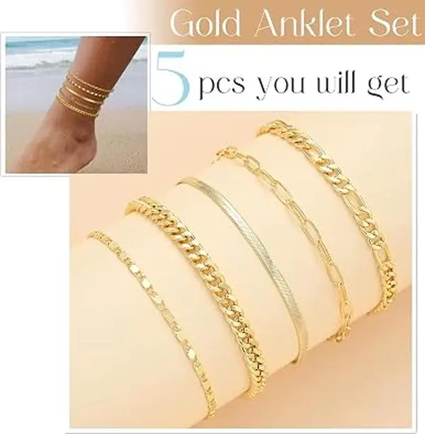 Gold Ankle Bracelets for Women, 14k Gold Plated Waterproof Cuban Link Chain Anklets Set. https://amzn.to/4gO67pc