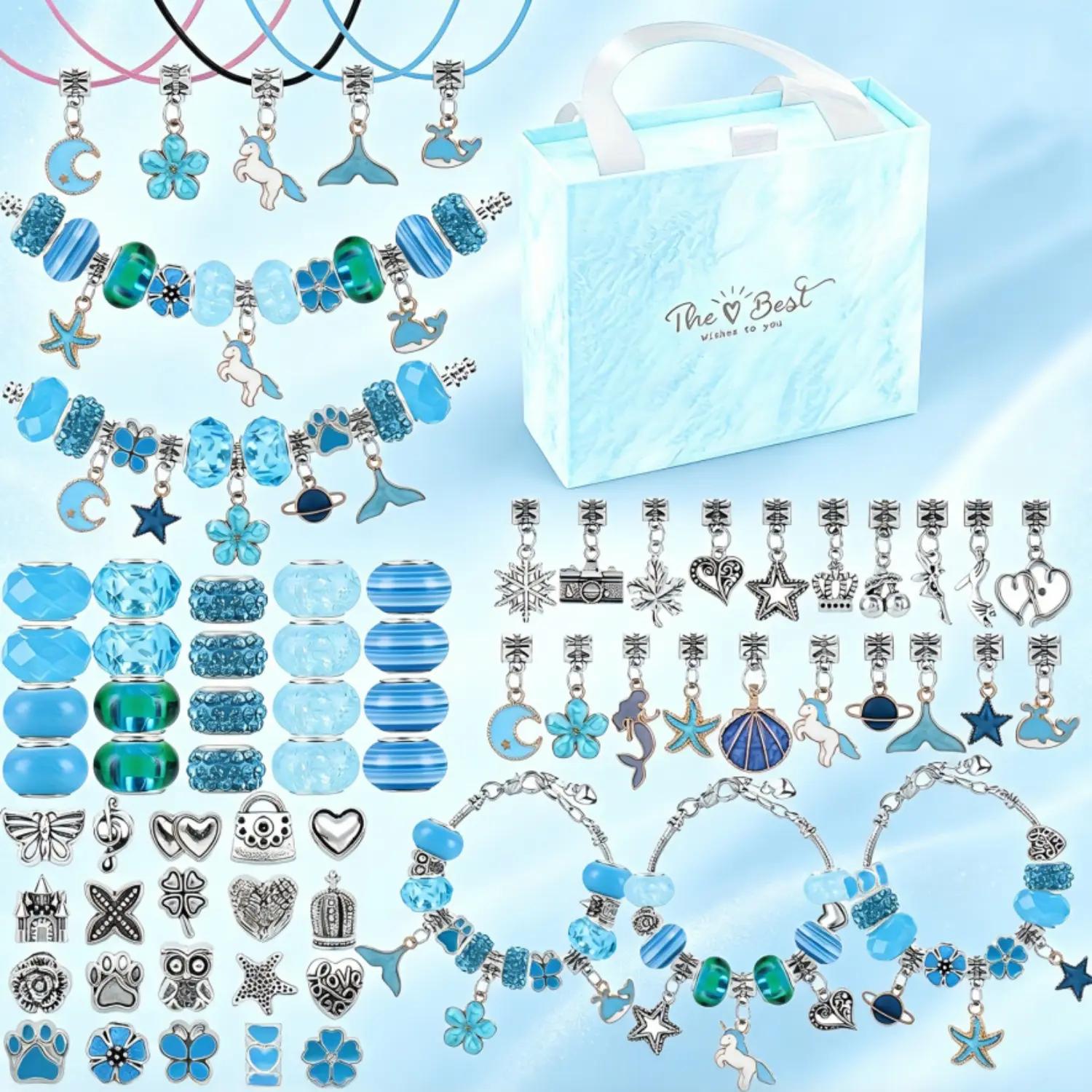 67Pcs Blue Ocean Princess Themed Charm Bracelet Making Kits DIY Jewelry Making Supplies DIY Mix Beads Pendants Unicorn Accessories for Women Unique Bracelet & Necklace Craft Gift Ideal Christmas Birthday Gift for Girls Adjustable Beaded Design