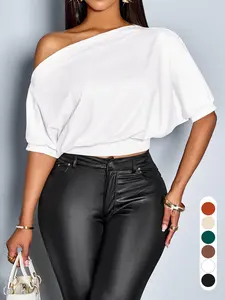 Elegant Summer Casual Women's Solid Color Breathable T-Shirt, Asymmetrical Neck Short Sleeve High Waist Top, Fashionable Ladies' Clothing