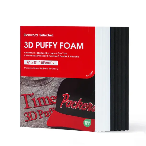 PooLin Richword 3D Puff Embroidery Foam Sheets, 3mm Thick, 6x8 Inch Black & White (10 Pieces), Embroidery Accessories for Caps & Bags with 3D Lift Raised Effects