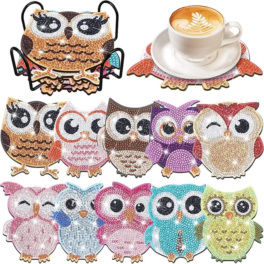 10 pieces/Sets of Diamond Art Painting Kits, Owl-shaped artificial diamond painted coasters, DIY owl diamond painted coasters, owl diamond painted coasters and stands, art and craft products, gifts for beginners, adults (owls), Handicraft