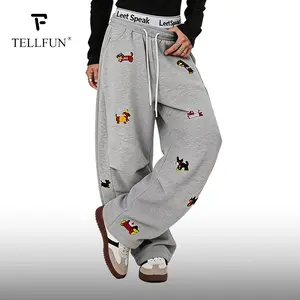 TELLFUN Men's Baggy Jogger Pants - Dog Embroidery, Loose-Fit Barrel Leg, Stretch Fabric, Drawstring Waist, Y2K Streetwear Casual Bottoms, Baggy Sweatpants