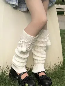 Women's Cable Knit Leg Warmers, Cute Fashion Pom Pom Bow Frill Knitted Design Leg Warmers for Fall & Winter, Comfortable Fabric Cold Weather Gear, Womenswear