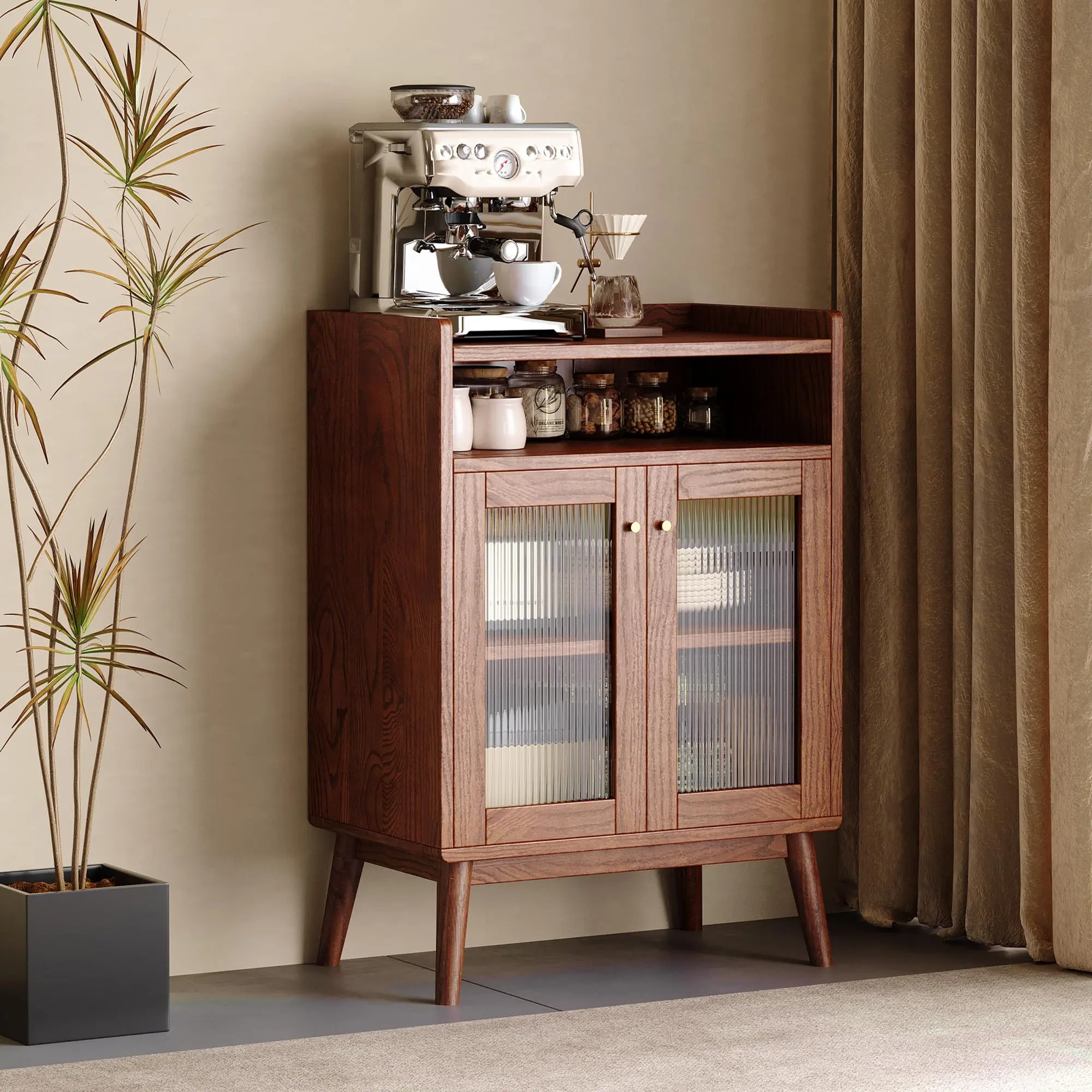 YESWOOD Solid Wood Sideboard Buffet Cabinet with Storage, 100% Solid Oak Coffee Bar with 2 Glass Doors, Kitchen Display Cabinet with Adjustable Shelf for Dining Room, Living Room, Hallway