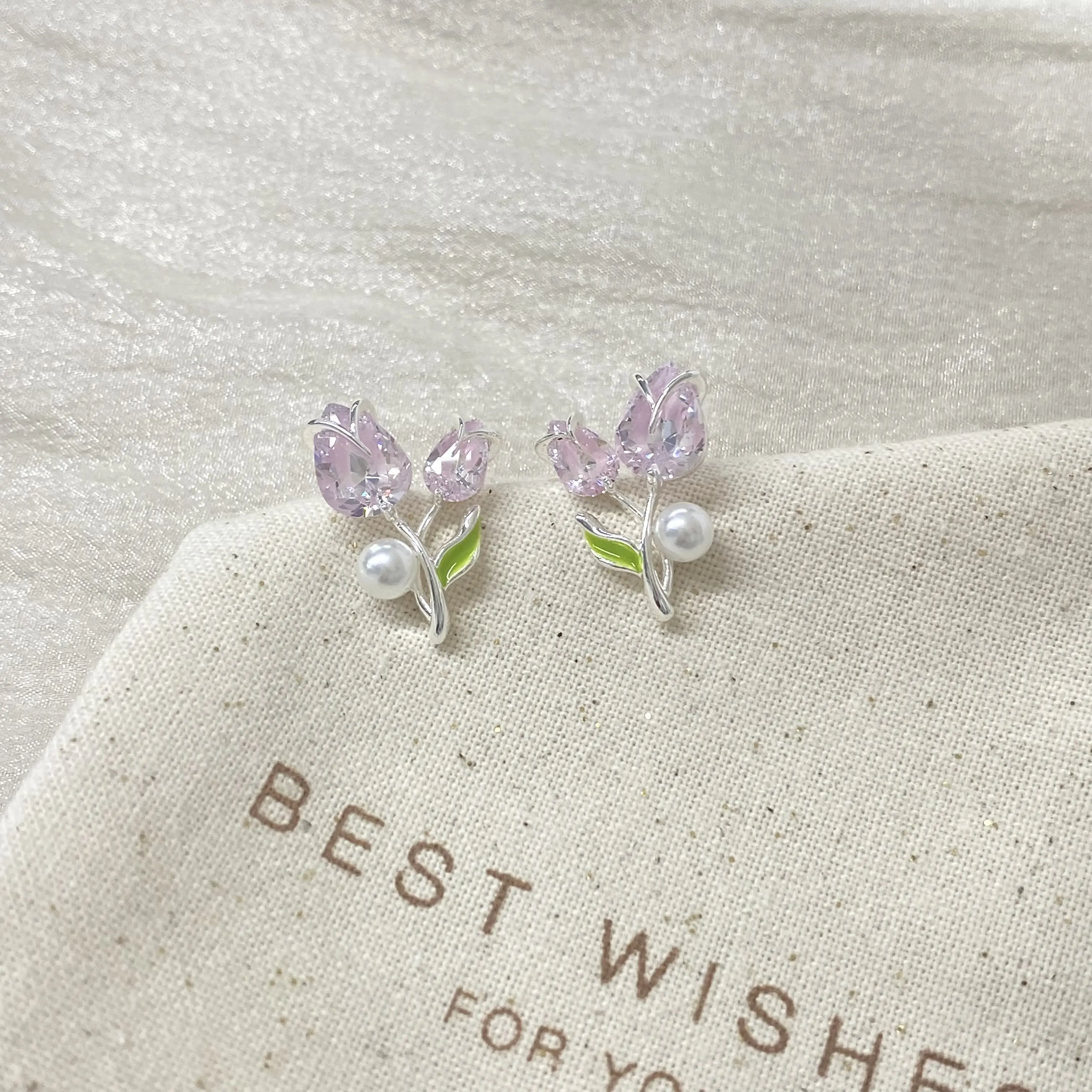 Pink Tulip Pearl Stud Earrings for Women, S925 Silver Posts, Fresh and Sweet Floral Fashion Earrings