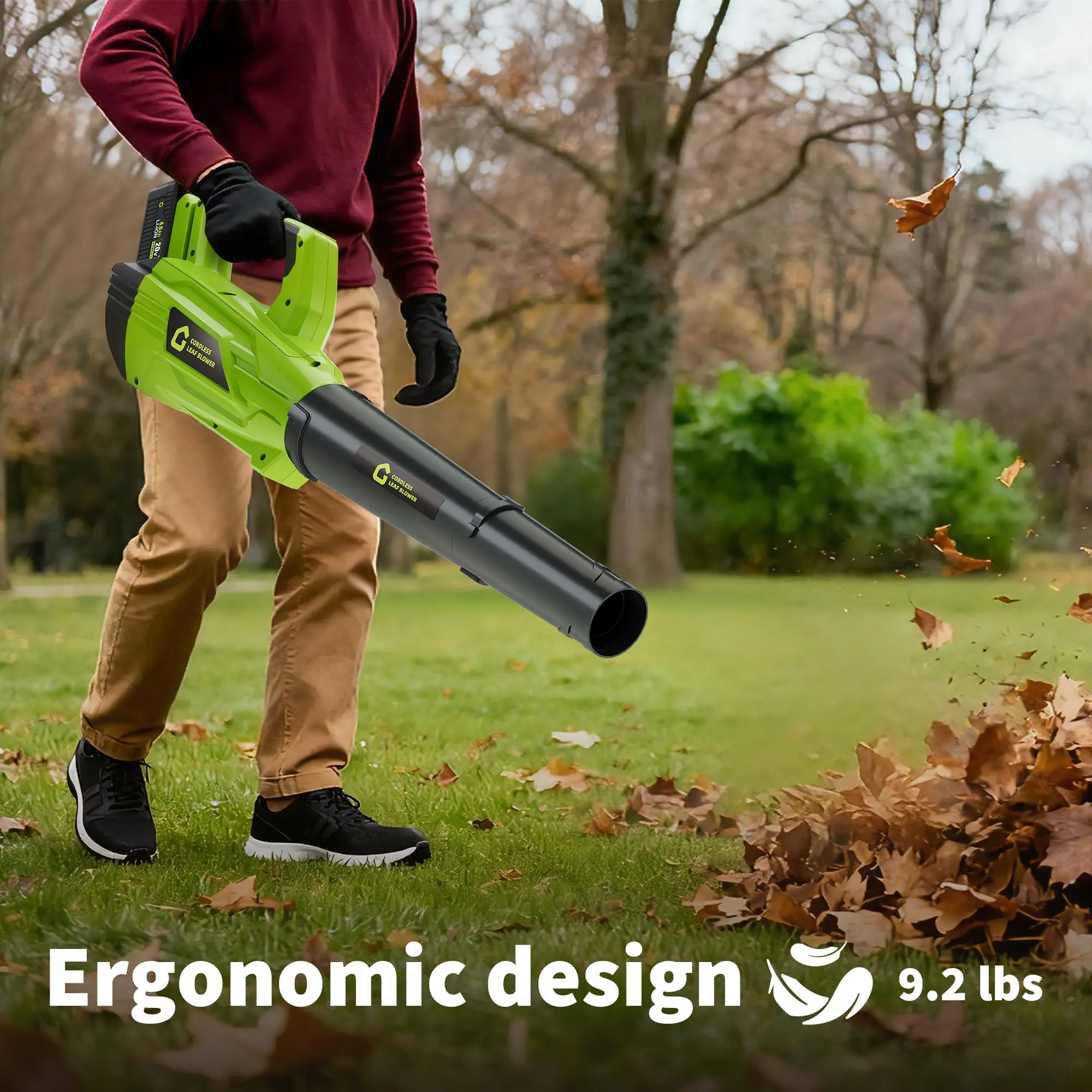 【Garvee】20V Cordless Brushless Leaf Blower with 4.0Ah Battery + Charger, 2-Speed Modes, 200-250MPH Turbo, 650-700CFM, Lightweight Ergonomic Handle, Overheat Protection, for All-Season Clean, Lawn & Patio Care