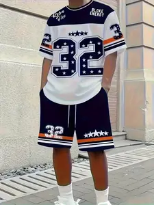 Men's Oversized 32 Size Sports Clothing Set, Breathable & Striped Tee and Shorts, Casual Gym Wear, Summer, Workout Set