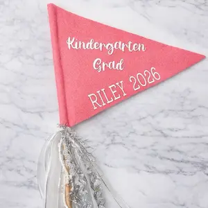 Graduation Mini Flag - Personalized Kindergarten Grad 2026 Pink Felt Banner with Silver Tassels