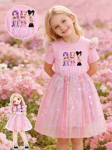 Girls' Fashion Dress, Princess Party Dance Dress, Idol Girl Group Print, Glitter Gold Stars Mesh, Graphic Print Dress, Dresses Summer, Summer Versatile Princess Dress