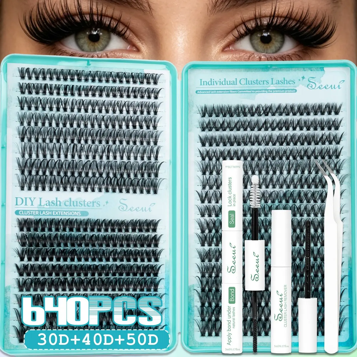 30D40D50D Lash Clusters Kit, Eyelash Cluster Set, 640pcs False Lashes, False Eyelash Extensions, Reusable Faux Mink Individual Lash Extension, D Curl Eyelashes, Mixed Length, Includes Bond&Seal Remover and Tweezers, DIY at Home