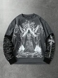 Unisex Dark Death Skull Two-Piece Casual Fashion Clothing Long Sleeve Graphic T-Shirt, Gothic Metal High Street Style Loose Patchwork Top, Autumn Winter Streetwear Trend Aesthetics