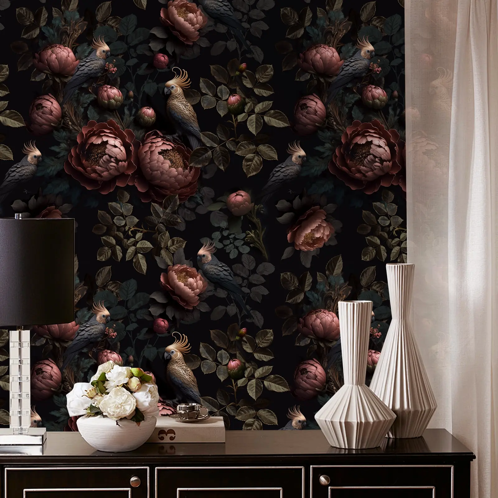 Vintage Dark Floral & Bird, Floral And Bird Patterns, Stick On Wallpaper, Peel and Stick Self-Adhesive Decorative Wallpaper - Waterproof Removable Vinyl | 17.32x118.11inch, Easy to Remove for Living Room, Bedroom, Interior Walls | Home Decor Wall Covering