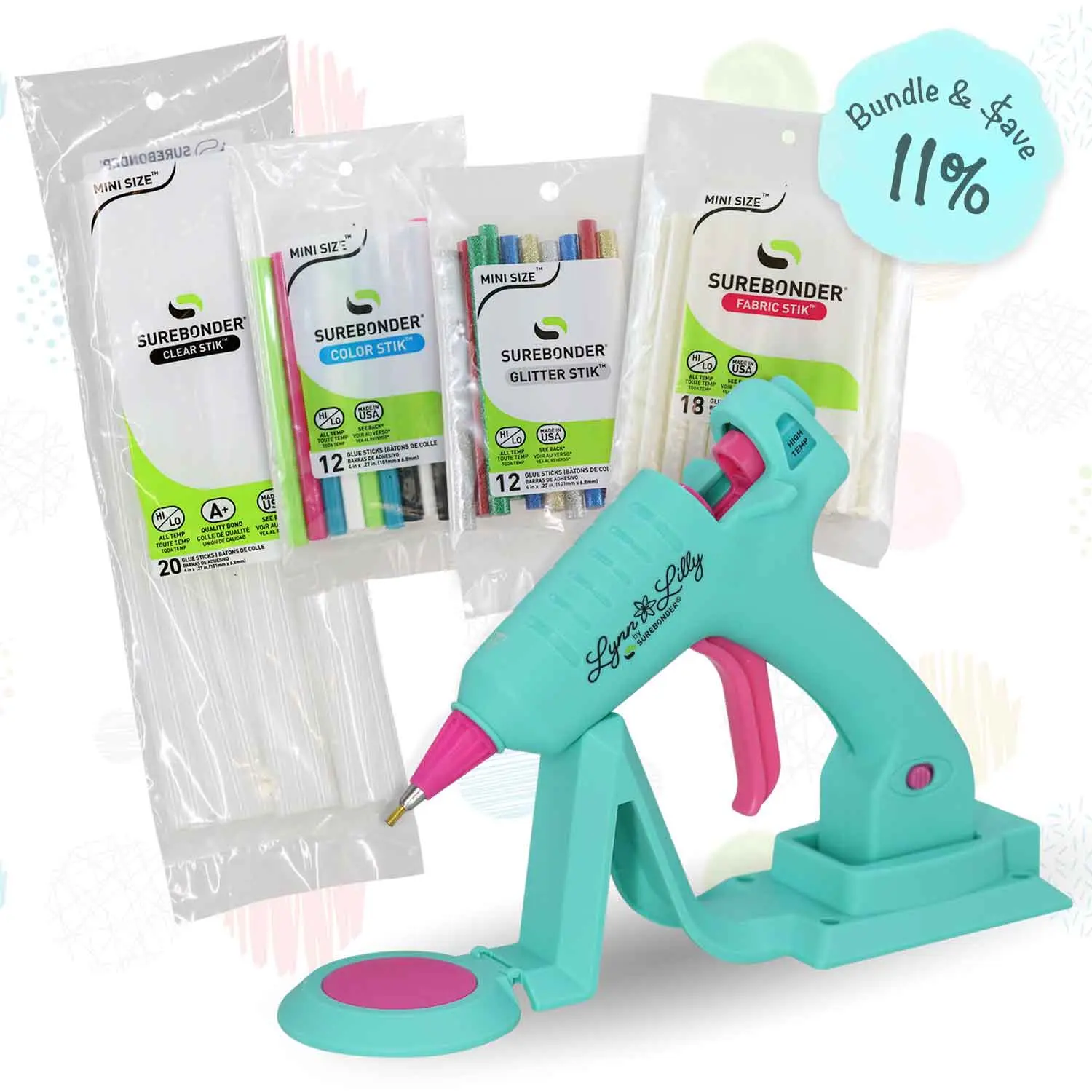 Surebonder x Lynn Lilly Edition Cordless/Corded Detail Tip Mini Glue Gun Kit with All Purpose, Color, Glitter, and Fabric Glue Sticks