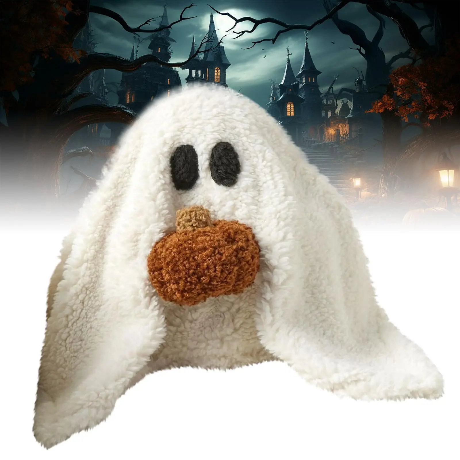 Ghost Pillow with Pumpkin, Ghost Plush, Ghost Shaped Pillow,  The Ghost with Pumpkin Pillow, 12in Spooky Halloween Ghostly Plush Pillow