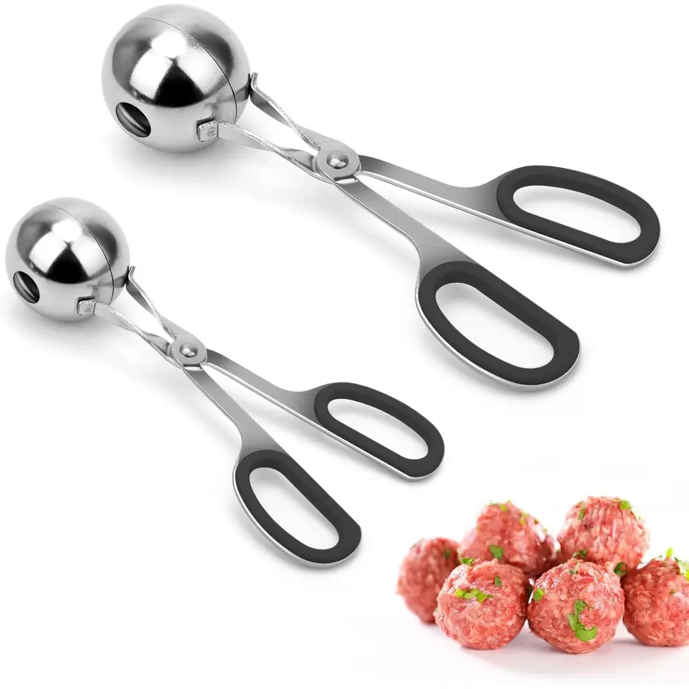 2PCS Non-Stick Stainless Steel Meatball Maker Utensils - 1.38in Rubber Handle Detachable Anti-Slip Scoop, Smooth Kitchenware for Cake Pops, Melon Ballers, Pasta, Salad