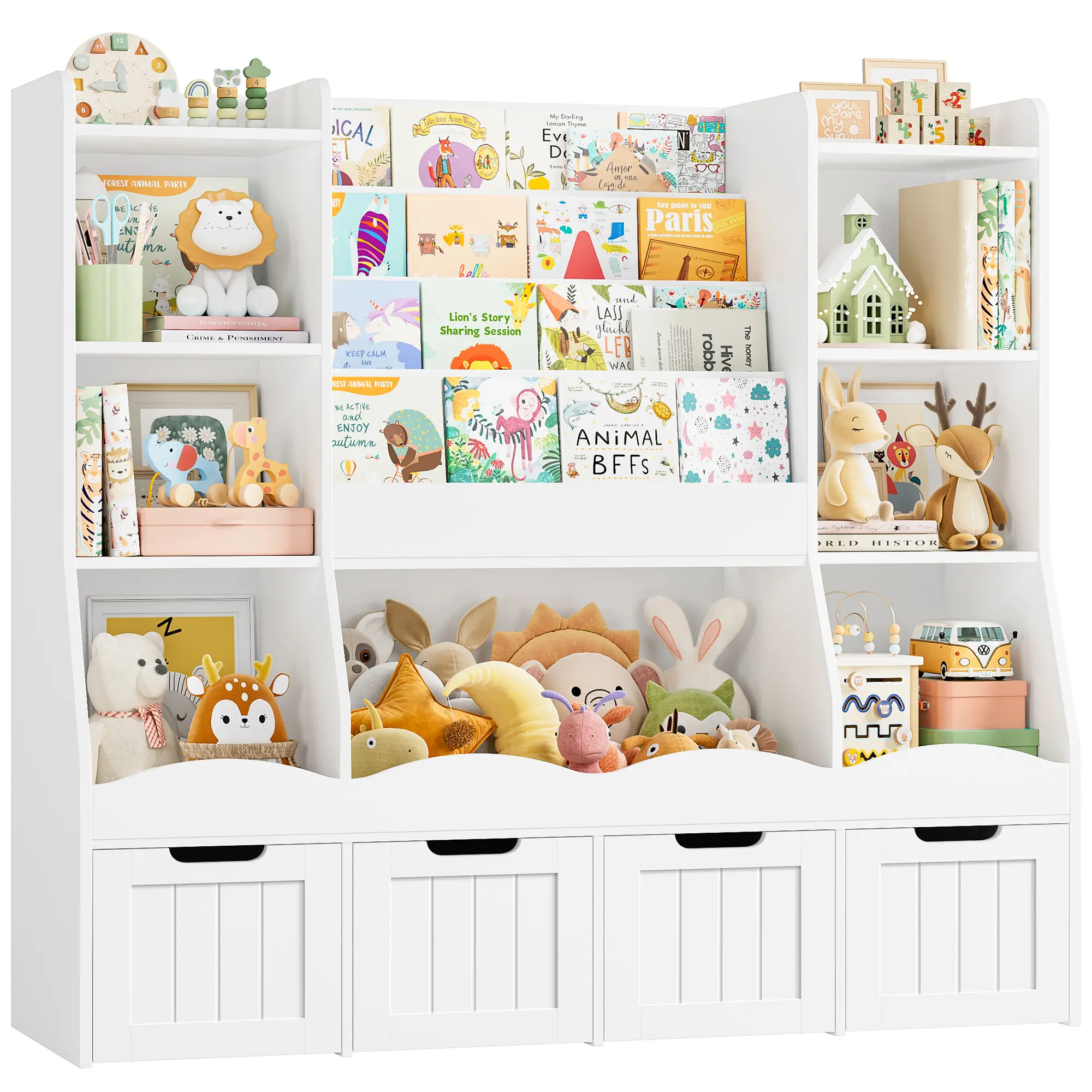 FOTOSOK Storage Organizer,  Bookshelf Book Shelf for Room with 4 Movable Drawers and 7 Storage Cubbies, #Summervibes