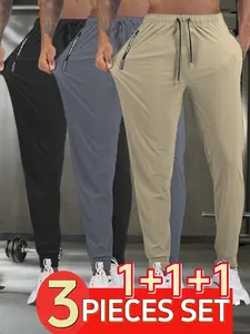 Men's 3-pack stretchy ice-feeling fiber work pants, breathable quick-dry casual sports trousers with drawstring waistband and letter pattern zipper side pockets, suitable for golf, fishing, basketball, camping, gym, and beach running, all-season wear