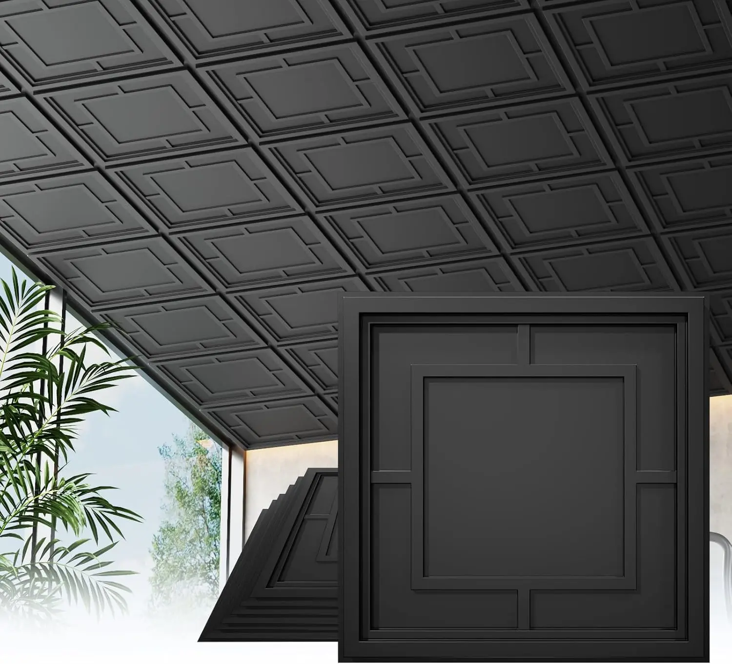 LOOYEE 24 Pcs 2x2 ft (24x24 in) Geometric 3D Modern Black Grid Waterproof PVC Ceiling Tiles, Lightweight, Cuttable, Fireproof, Crack Resistant, for Living Room, Restaurants, Basement (Indoor Use, Covers 96 Sq.Ft)