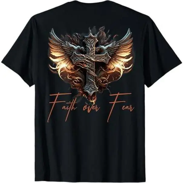 Biker Graphic T-Shirt with Angel Wings Cross & Faith Over Fear Back Print, Unisex Short Sleeve Crewneck in Soft 180gsm Fabric, Tshirt, Top, Prints, Shortsleeve, Streetwear, Round Neck, Back Graphic, Classic, Hem, Casual, Menswear, Siblings, Mother's Day