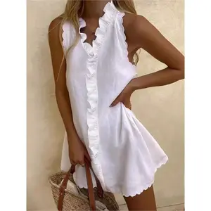 New Women Casual Cotton And Linen White Dress Summer V Neck Ruffles Sleeveless Elegant Boho Beach Party Mini Dresses Female Robe Womenswear Comfort Basic Minimalist niya  birthday  dress