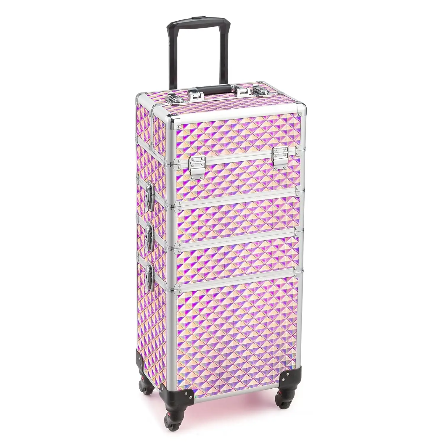 OmySalon 4-in-1 Aluminum Rolling Makeup Train Case, Lockable Travel Cosmetic Trolley for Professionals with 4 Removable Wheels, Travel Cosmetic Bag, Makeup Storage Bag, Locks