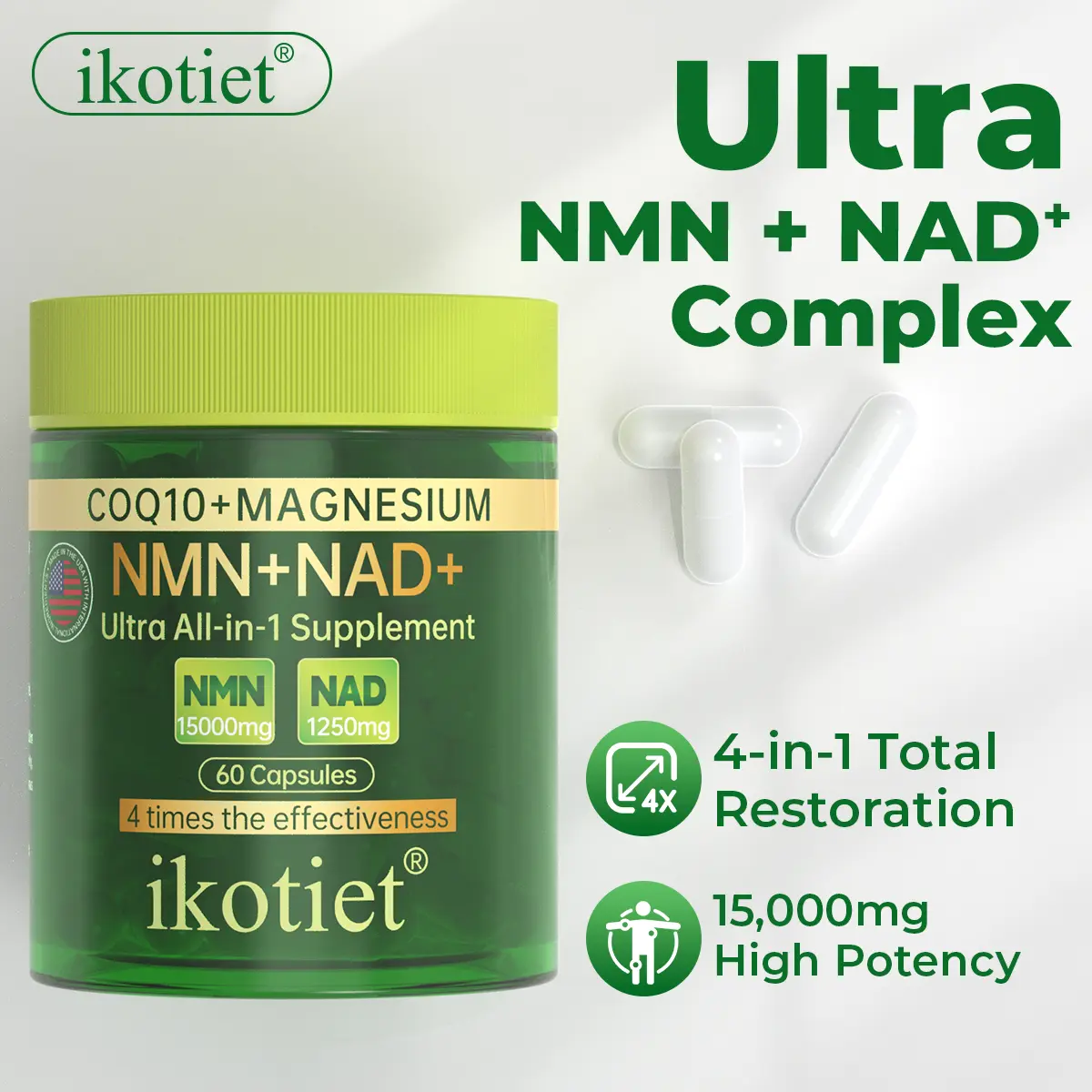 IKOTIET NMN+NAD+CoQ10 All-in-One 15,000 mg PureNAD Supplement for Energy DNA Repair Anti-aging BrainFunction Women's Health Beauty 60-120 Capsules + FreeTrial Pack pure nmn calcium akg High Dose VitaminDietary Edible