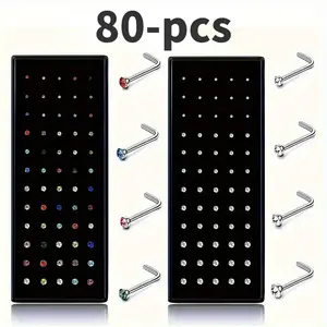 80pcs Classic Stainless Steel Stud, Bohemian Colorful Zirconia Exquisite Shiny Stainless Steel Nose Stud Body Piercing Jewelry Set Vacation Travel Beach Body Piercing Jewelry Gift