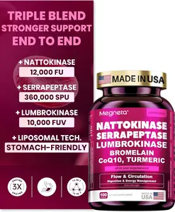 MEGNETA Nattokinase Supplement 12,000 FU (Max Strength) Serrapeptase 360,000 sPU, Lumbrokinase 10,000 FUV & CoQ10 -Systemic Enzymes Complex for Cardiovascular & Circulatory Health Support-100 Capsule summerwins