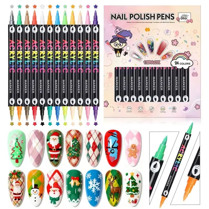 GELLAKTIK 12Pcs-Dual Nail Art Pens Set, 3D Nail Polish Pens Quick-Drying Acrylic Paint Markers, Dotting Liner Brush for DIY Nail Design, Home & Salon Manicure Tools, MarkerPen